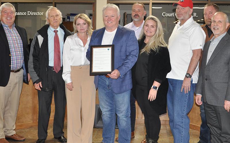 The City of Blue Ridge has awarded former Police Chief Johnny Scearce with an appreciation certificate and proclaimed Tuesday, December 13, 2022, Johnny J. Scearce Day. Pictured at the presentation are, from left, City Attorney Chuck Conerly, City Councilman William Whaley, Mayor of Blue Ridge Rhonda Haight, Former Police Chief Johnny Scearce, Police Chief Robby Stuart, City Councilwoman Christy Kay, City Councilman Bill Bivins, City Councilman Jack Taylor, and City Administrator Eric Soroka.