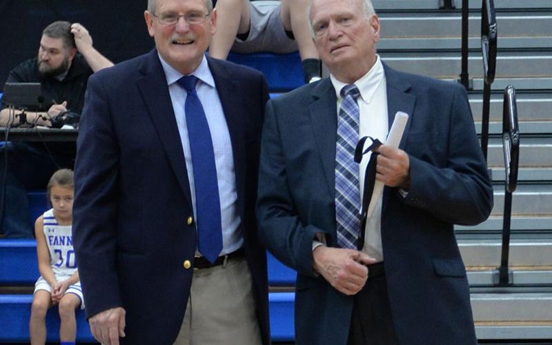 Mike Harper, right, was welcomed into the Fannin County Sports Hall of Fame by Glenn Patterson.