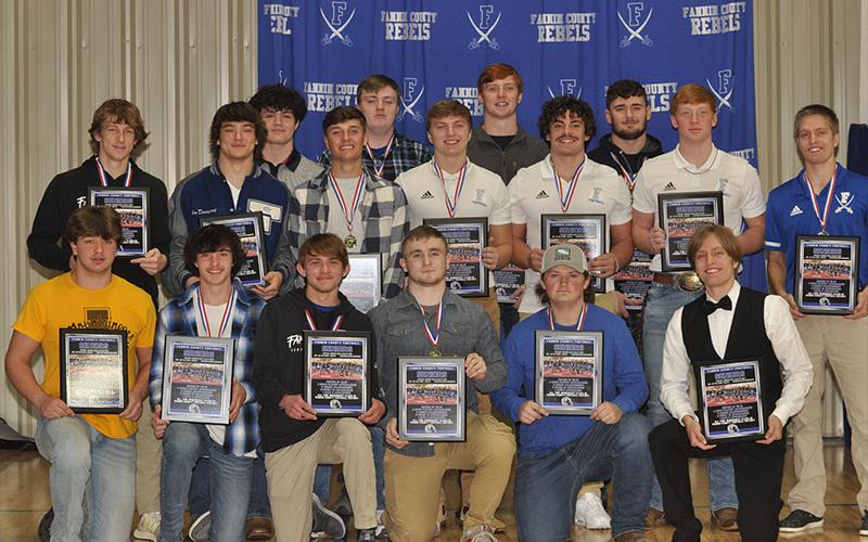 The Fannin County Rebels football seniors were recognized at their banquet Wednesday, January 11. Shown are, from left, front row, Matthew Crowder, Clay Heaton, Nate Smith, Bryan Stiles, Bohn Postell and Taylor Collis; middle row, Jack Kantner, Corbin Davenport, Bryson Holloway, Cade Sands, Andrew Waldrep, Jeremy Tammen and Carson Collis; back row, Nate Maloof, Slade Epperson, JoJo Annis and Logan Long.