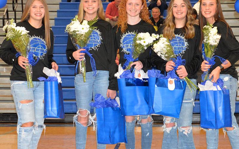The 8th grade Lady Rebels were recognized at halftime of the varsity Fannin County High School Lady Rebels basketball game Friday, January 20. Both the 7th and 8th grade teams won their MAC Championship last week. Shown are, from left, Izzy Jabaley, Jace Sanderson, Albany Cole, Elizabeth Powell and Myla Rogers.