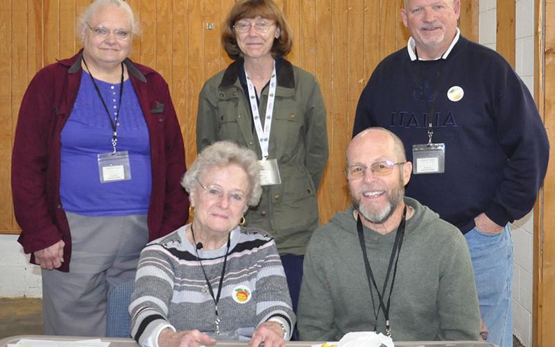 Pictured are volunteers for the Colwell voting Precinct as they gather with Anne Bailey during last Tuesday’s Special Runoff Election. Pictured from left are, back row, Sharon Edward, Susan Loring, and Kevin Ottman; and, in front, Bailey and Dan Mahoney.