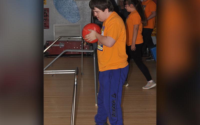 This Fannin County Middle School student is pictured waiting his turn at the lanes at last week’s Special Olympics event.
