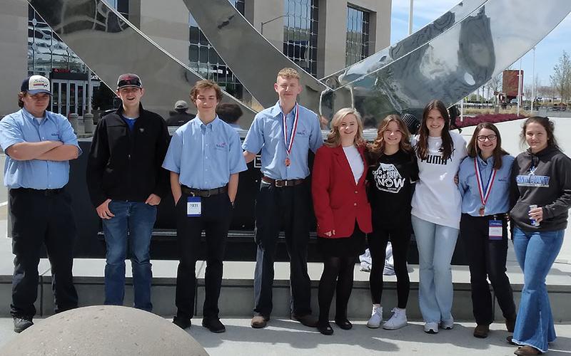 These students from the SkillsUSA chapter at Fannin County High School attended the State Leadership and Skills Conference in Atlanta. From left are, Luke Pelfrey, Jacob Williams, Daniel Gibson, Dane Robbins, Brooklyn Henderson, Emmaline Cochran, Bailee Stiles, Emma Pittman, and Chelsey Frye.