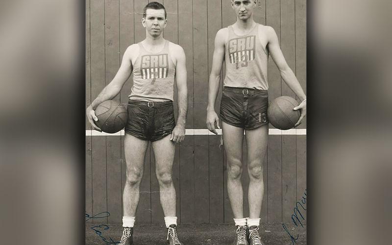 Jack Myers, right, pictured in the Navy with a basketball in hand, mid 1940’s.