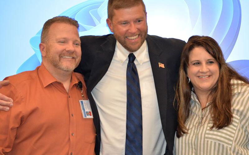 Two of the many visitors who attended Dr. Michael Gwatney’s retirement reception were Scotty and Amber Mathis. Scotty told of working with Gwatney in the system’s technology department before Gwatney became superintendent.
