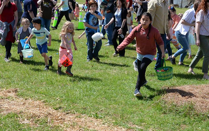 Youngsters did not have to be told twice when McCaysville Police Chief Michael Earley shouted “GO!” to start the Easter Egg hunt in the Toccoa River Park. The event was held April 1.