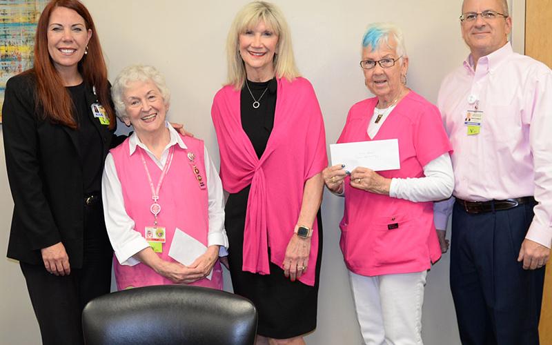 Shirley Copeland  and Jean Bonnewitz were presented pins honoring each of them for 6,500 hours of volunteer service to Fannin Regional Hospital. Copeland is also president of the Hospital Auxiliary, the Pink Ladies. Shown during the presentation of the pins are, from left, Chief Quality Officer Susan Aft, Copeland, Director of Patient Relations Susan Kiker, Bonnewitz, and Interim CEO/CFO Geoff Blomeley.