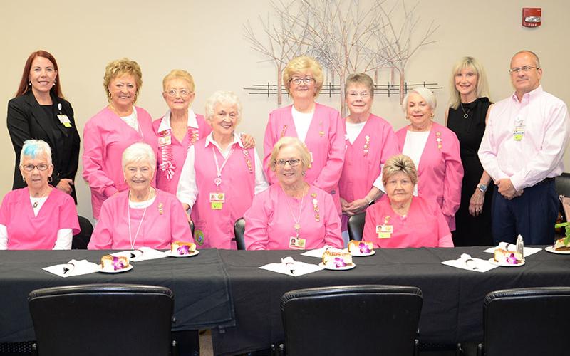 Members of the Hospital Auxiliary, the Pink Ladies, at Fannin Regional Hospital were treated to a lunch as part of National Auxiliary Week last week. Shown during the celebration of their volunteer efforts are, from left, seated: Jean Bonnewitz, Carole Thomas, Joyce Mitchell, and Wanda Patterson; and, standing, Chief Quality Officer Susan Aft, Rita Suiter, Louiza Whitaker, Auxiliary President Shirley Copeland, Becky Guthrie, Barbara Cheatham, Laura Haight, Director of Auxiliary Services Susan Kiker, and Int