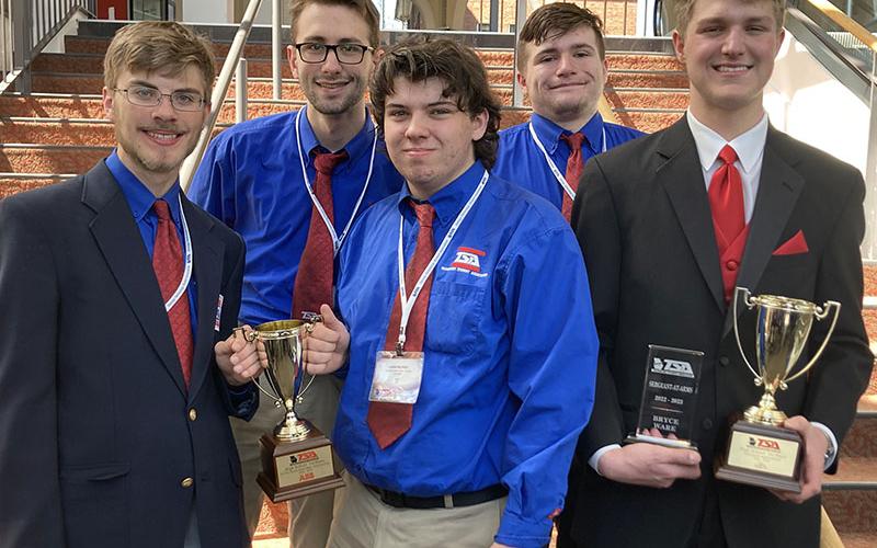 Fannin County High School students shown with their first place trophies are, from left, James Kyle, Tyler Ensley, Luke Pelfrey, Devyn, Caruthers, and Bryce Ware.