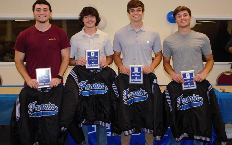 The Fannin County High School baseball team recognized their seniors as “boat crew leaders” and they received a plaque and their dugout jackets. Shown are, from left, Connor Martin, Clay Heaton, Hayden Danner and Bryson Holloway.