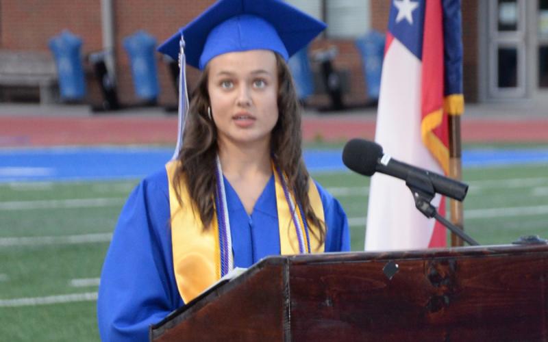 Sarah Holsonback introduced the Fannin County High School salutatorian, Caroline Stewart who would tell her classmates graduation was not only their moment, it was also God’s moment.