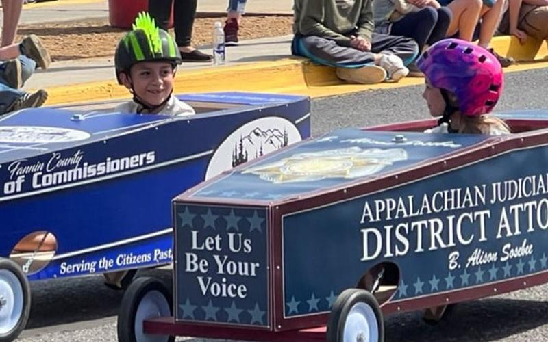 These drivers squared off in last year’s Blue Ridge Soap Box Derby. Organizers are promising this Saturday’s action will be bigger and better than ever. Racing starts at 10 a.m. at Fannin County Middle School with gates opening at 9 a.m. A field of nearly 50 drivers is scheduled to compete.