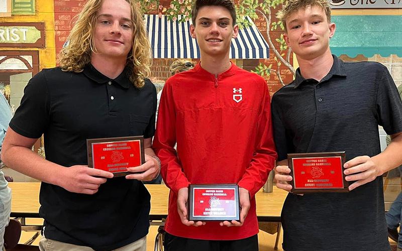 Copper Basin Cougar baseball players, from left, Isaac Deal, Bryce Walden, and Avery Crowder, display their All-District awards.