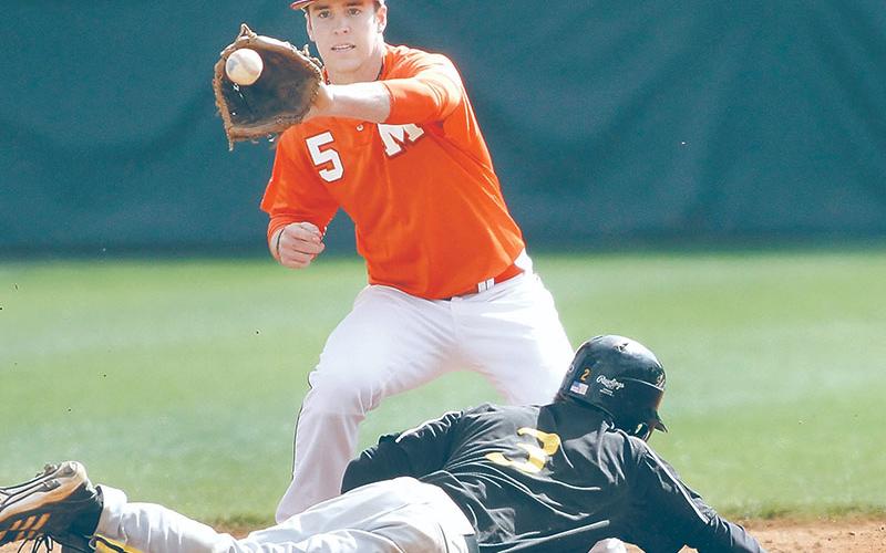Nick Dean takes the throw at second base on a pick-off attempt of Centre College’s Forrest Goodwin during the fourth inning.