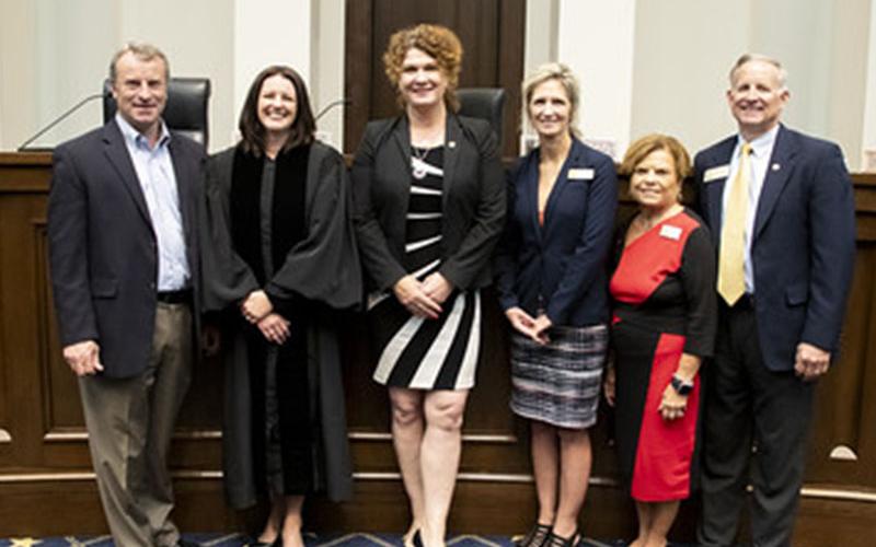 Several local officials were on hand to witness Amanda Mercier’s oath of office ceremony as she steps into the role of Chief Judge of the Georgia Court of Appeals. Shown following the ceremony are, from left, Fannin County Sheriff Dane Kirby, Mercier, Appalachian Judicial Circuit District Attorney B. Alison Sosebee, Fannin County Clerk of Court Dana Chastain, Appalachian Judicial Circuit Chief Superior Court Judge Brenda Weaver, and State Representative Johnny Chastain.
