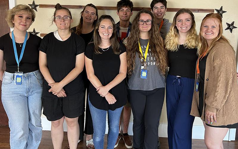 Sunny D camp veterans helping with this year’s camp and productions are, from left, front, Arwyn Jones, Sarah Creed, Erica Sanders, Sarah Shelton, Courtnee Tabacchi and Sophie Burnette; and, back, Faith Mann, Garrison Hamm and Lilybet Jones.