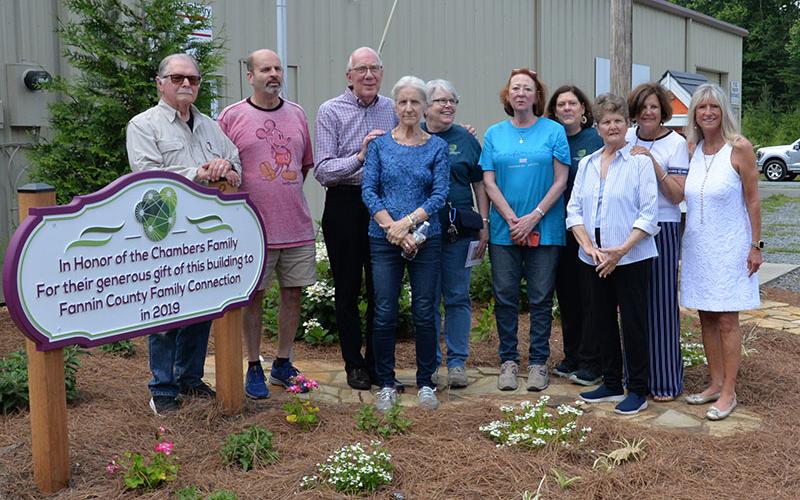 The “Tuesday Crew” from the Fannin County Family Connection Food Pantry celebrated the dedication of the facility with the Chambers family Tuesday, June 27. Shown during the event are, from left, Ron Ciochon, Andy Livingston, Glenn Chambers, Lynda Chambers, Gail DeFresne, Peggy Caldwell, Grace Randolph, Priscilla Cashman, Susan Sciullo, and Sherry Echelberger.