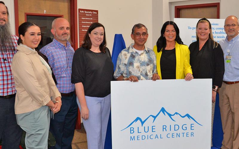 Members of the Java Health team who will steer Blue Ridge Medical Center include, from left, Matt Burks, Kayla McCormick; Stephen Proctor; Shannon Hughes; Bappa Mukherji; Martha Henley; Alison Morris; Geoffrey Blomeley. They are shown as they were introduced to the community during an event at Riverstone Medical Campus Thursday, June 29.
