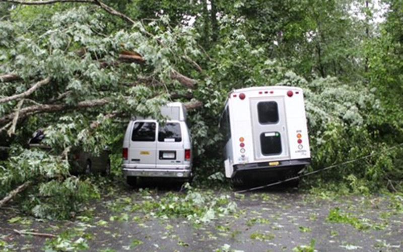 Both vans used by Mineral Springs Center to transport clients were destroyed when a large White Oak fell on them during the severe storm June 25. Center officials are asking the public’s help in raising money to cover the cost of replacing the vehicles. Insurance will only pay about 30%.