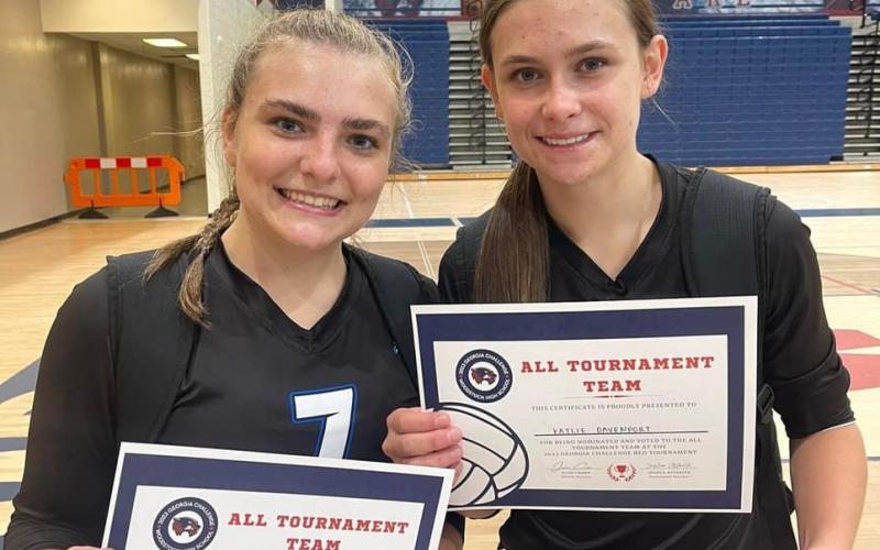Lady Rebels Maggie Ledford, left, and Kaylie Davenport, right, were selected to the All Tournament team Saturday, August 12, at Woodstock High School.