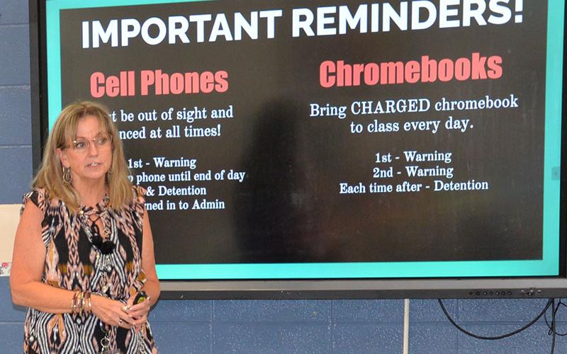 Jill Dyer introduced incoming freshmen at Fannin County High School to some of the rules they are expected to follow when an open house was held for the new students Tuesday, August 1.