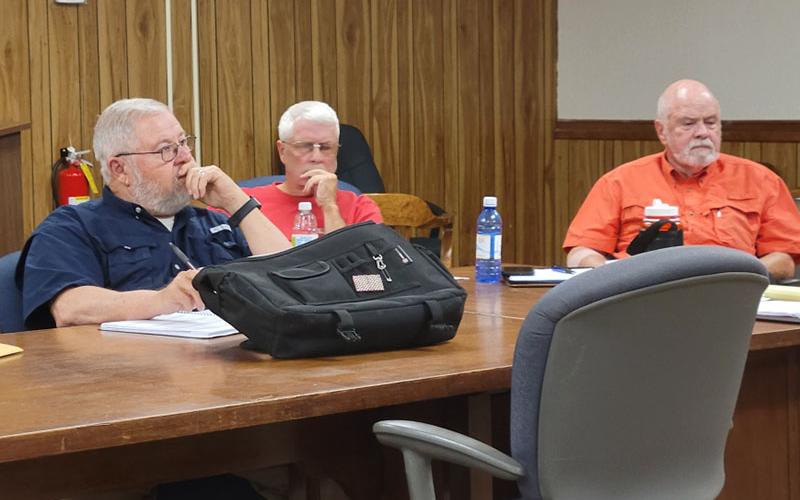 Buddy Haynes, from left, Ricky Brooks and David Darden, members of the Polk County Industrial and Economic Development Board, listen as Polk County Commission Chairman John Pippenger asks for Haynes to be removed from the board.