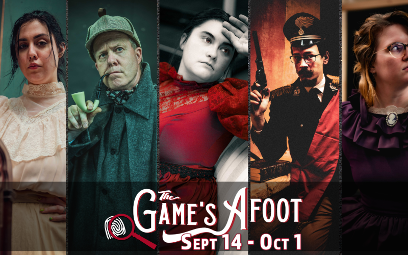 The case of The Game’s Afoot includes, from left, Stephanie Boyce Smith, Jim Sweeney, Lauren Jenkins, Jacob McVey, and Aubry Dean. the show opens Thursday, September 14, at the Blue Ridge Community Theater.