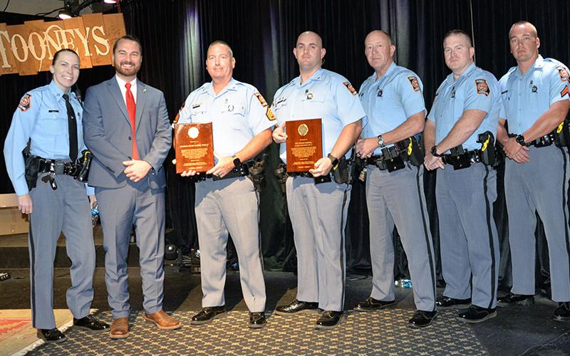 Georgia State Patrol troopers from Post 27 in Blue Ridge accepted a Governor’s Highway Safety Office (GOHS) award as Agency of the Year. Shown during the presentation are, from left, Trooper Greer Huss, McCaysville Police Chief Michael Earley who represented the GOHS, Sergeant First Class Jason Bradburn, Trooper First Class (TFC) Ethan Hajnal, TFC Mike Fowler, TFC Aaron Deyton and Corporal Barrett Smith.
