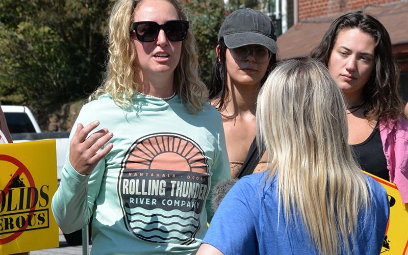Mary-Katherine Horne talked about the potential effects of biosolids on the Ocoee River with Jaclyn Davis (back to camera) of Channel 9 News in Chattanooga.