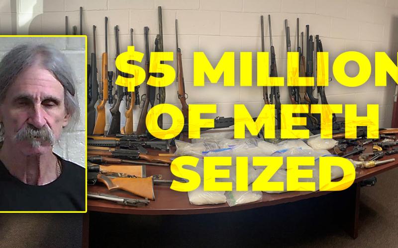 Pictured on left is Raymond Vandiver Akins. Law enforcement officers from multiple agencies seized almost 35 pounds of methamphetamine, 45 firearms, two pounds of marijuana, cash, and drug paraphernalia from a Fannin County residence last Wednesday. One suspect has been arrested and another charged in the case.