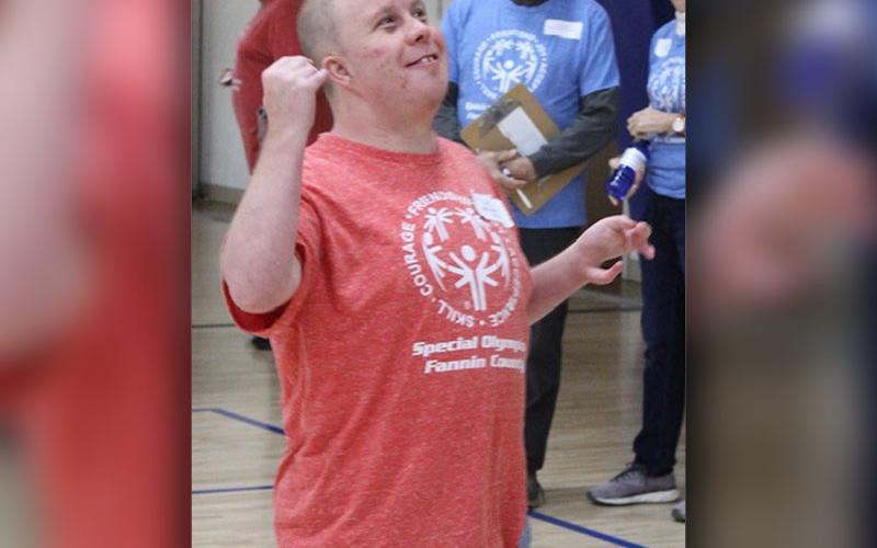 Several athletes from Mineral Springs Center competed in Fannin County’s Special Olympics basketball event last week. Jay Jenkins is excited after a successful basketball shot.