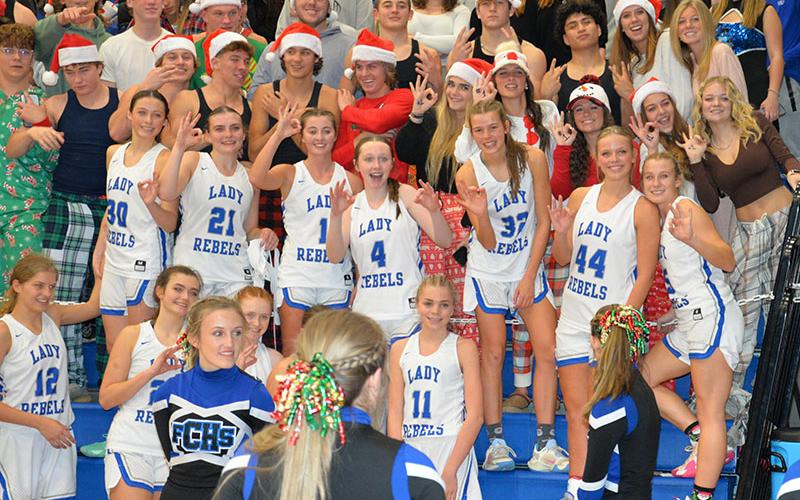 The Fannin County Lady Rebels joined with the student section to celebrate their win over Union County Friday night, December 15.