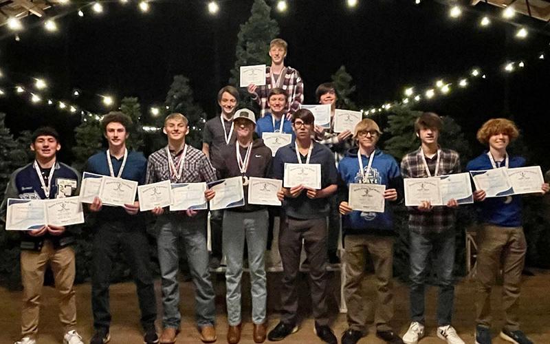 Male Rebels who received their cross country team letters at the annual banquet were, from left, first row, Zechariah Prater, Conner Kyle, Gage Bryan, Rylin Davis, Austin Prieto, Jonathan Jones, Aiden Hamby , and Koen Verner; second row, Cayson Mitchell, Mason Sandefer, and Caden Cantrell; and, third row, Luke Callihan. Not pictured is Brady Smith.