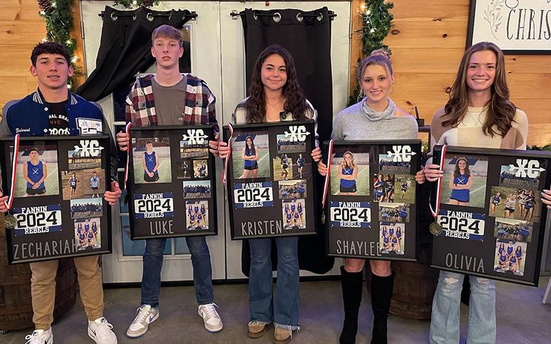 Fannin County High School seniors were recognized for their four year accomplishments at the Cross Country teams annual banquet. Shown with their awards are, from left, Zechariah Prater, Luke Callihan, Kristen Cipich, Shaylee Jones, and Olivia Temples.
