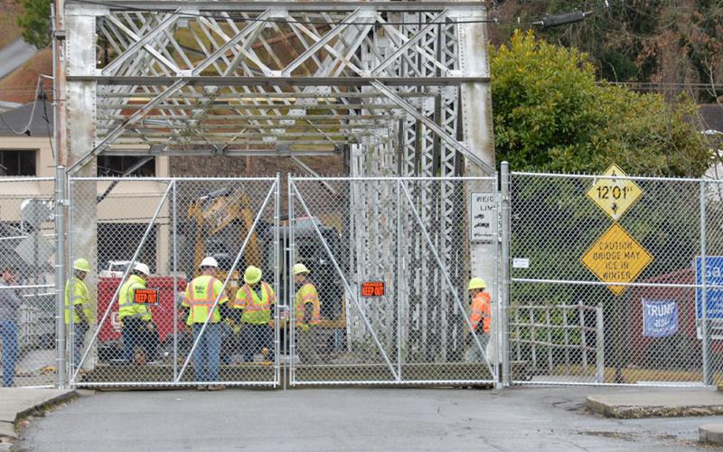 This is the scene drivers turning onto Bridge Street from Ocoee Street in Copperhill will see for the next several weeks as the steel bridge spanning the Toccoa River gets a new deck and sidewalks.