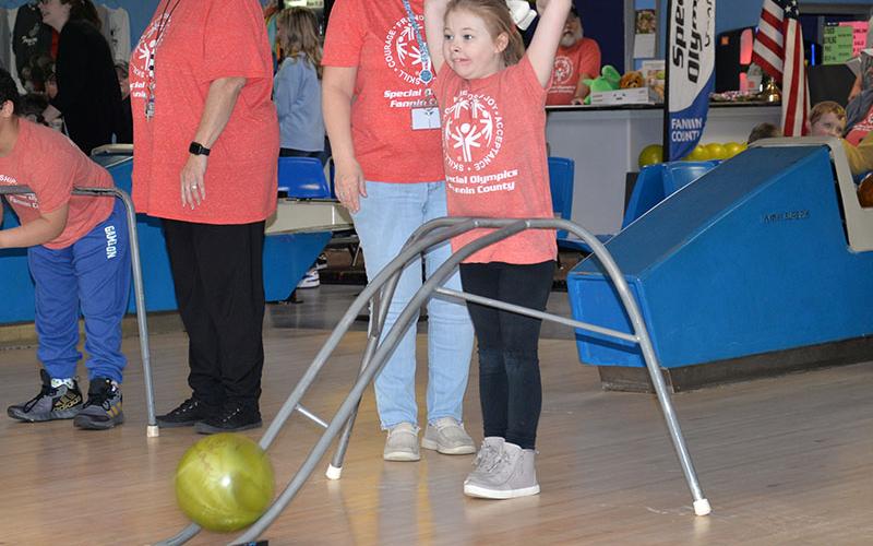 Alaina Jackson from Blue Ridge Elementary shows her bowling excitement.