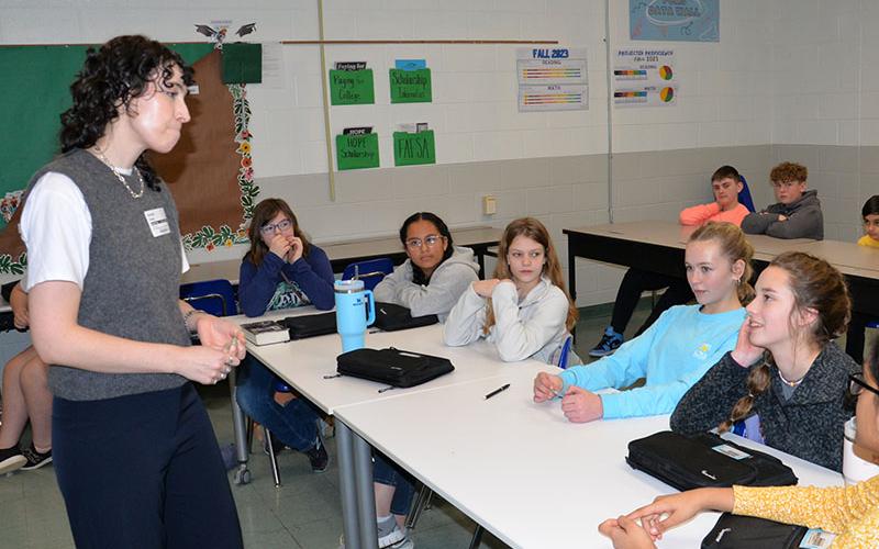 New York Times best selling author Amanda Foody spent a day last week talking to students at Fannin County Middle School about her passion for writing, different forms of writing, and the dedication needed to become an author. Listening to her presentation are, from left, front, Erin Hudson, Sandy Molina, Katie Ades, Kyndall Dover, Hailey Stewart,  and Jiya Dabhi; and, back, Daniel Carder, William Powell, Hashim Usman, and Carson Zimmerman.