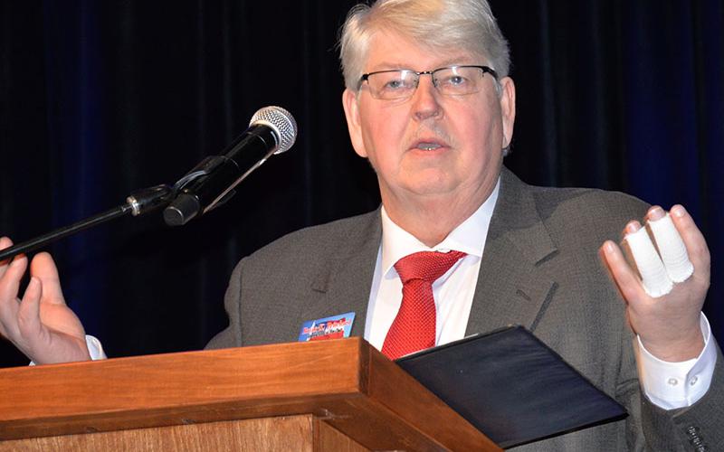 Brian Pritchard is shown speaking at the annual Fannin County Republican Party Valentine’s Day banquet February 3.