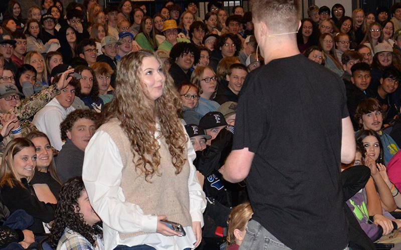 Bella Patton answers questions from Kevin Atlas’ presentation at Fannin County High School last Tuesday. Atlas drove home a message of self worth, overcoming life’s challenges, and the importance of looking out for each other. Atlas’ life included playing Division I college basketball despite having only one arm.