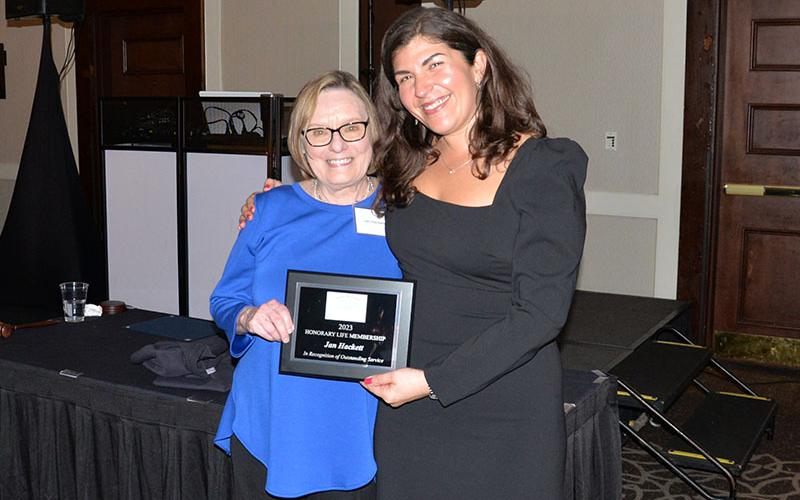 Jan Hackett, left, was presented an Honorary Life Membership by Chamber President Christie Gribble.
