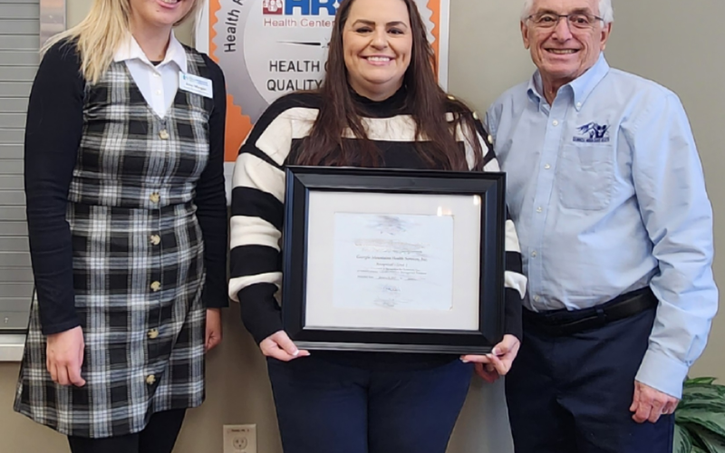 The Accountable Care Organization (ACO) recently recognized  a member of their organization, Georgia Mountains Health, for the high standard of care delivered to Medicare patients through its offices. Shown are, left, Amy Morgan, ACC of Georgia, Charissa Carter, Outreach Manager Georgia Mountains Health and Steven Miracle, CEO.