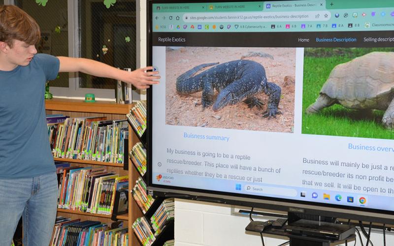 Fannin County Middle School student Tucker Griggs presented his business idea for a reptile sanctuary at Fannin County Middle School’s Shark Tank