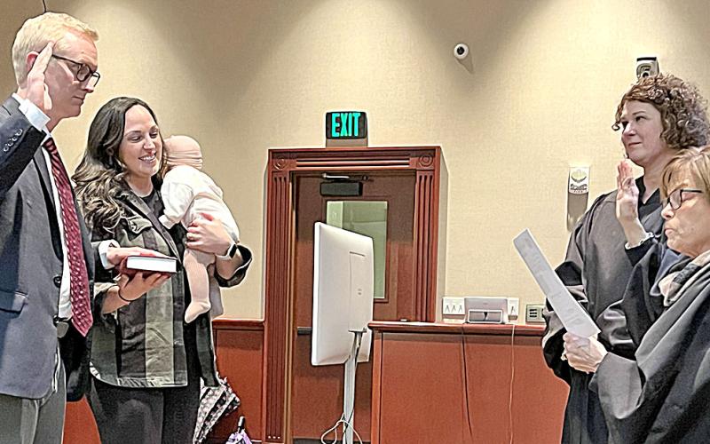 Frank Wood was sworn in as district attorney for the Appalachian Judicial Circuit by Chief Superior Court Judge Brenda Weaver and his wife,Kali, daughter, Madilyn, and Superior Court Judge B. Alison Sosebee watch.