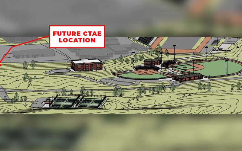 This is an architectural rendering of the plans for Phase 2 at Fannin County High School. Shown are the ball fields and associated facilities, tennis courts, and the new annex building, which is in the center. Also indicated is the next step, Phase 3, the new Career, Technical and Agricultural Education (CTAE) building.