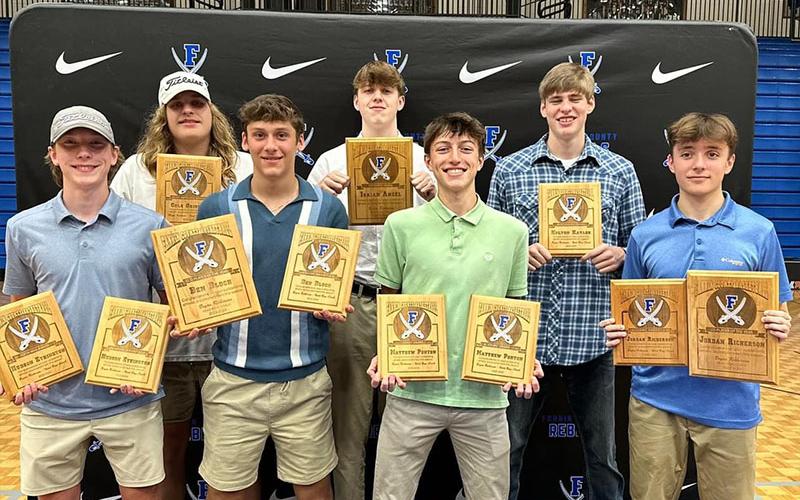 These Fannin County High School Rebel basketball players were recognized for their individual contributions to this year’s season, which saw the team place second in Region 7AA and earn a trip to post season play. Displaying their awards are, from left, front, Hudson Ethington, Ben Bloch, Matthew Ponton, and Jordan Richerson; and, back, Cole Gribble, Isaiah Angel and Kolton Kaylor.