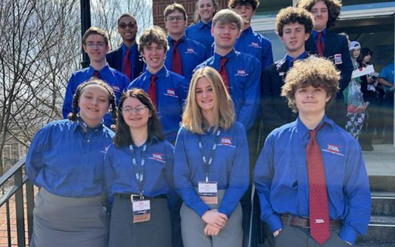 Fannin County High School students gather after a successful STEM competition in Athens, Georgia. Smiling after proudly receiving their awards, from left, front row, Fox Sharp, Emma Pittman, Alexis Howe, and Chevy Philllips; middle row, James Burrell, Castle Barnett, Blake Colley, and Connor Kyle; back row, Carnaceo Dixon, Warren Bowen, Caitlin O’Mara, Brevan Hennessey, and Seth Hughes.
