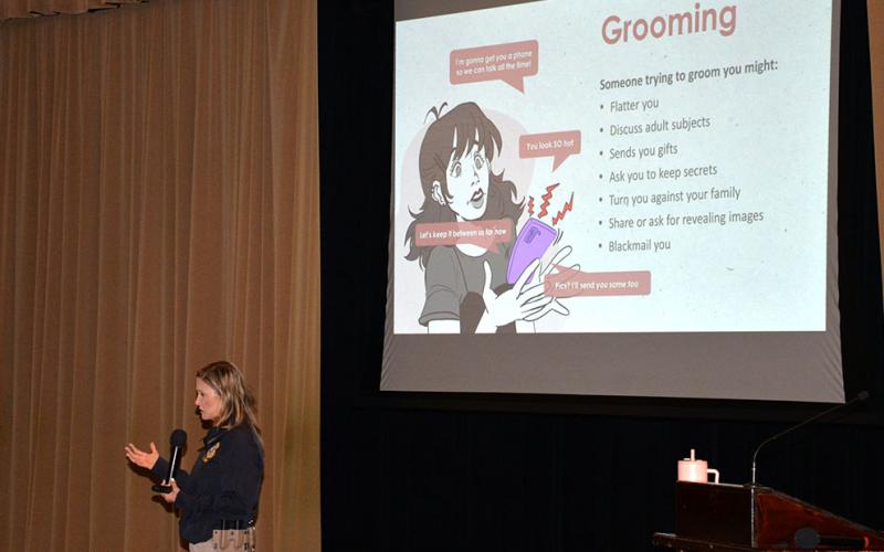 Renea Green explains to Fannin County High School students one of the many dangers social media presents to them and to their futures.