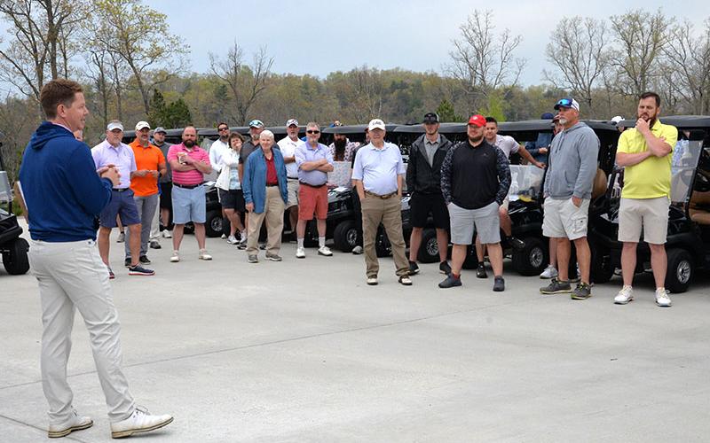 Wesley Buchanan of Old Toccoa Farm kicked off the Corporal Richard Gazaway Memorial Golf Tournament by going over the rules for the golfers gathered last Tuesday morning. Over 100 golfers took part in the annual event.