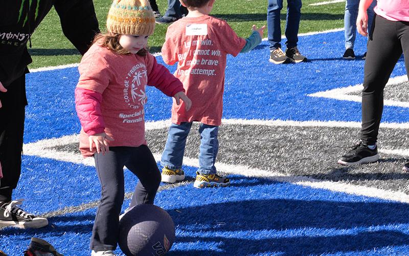 Holly from East Fannin Pre-K shows off her kicking skills during Special Olympics Track and Field competition at Fannin County High School.