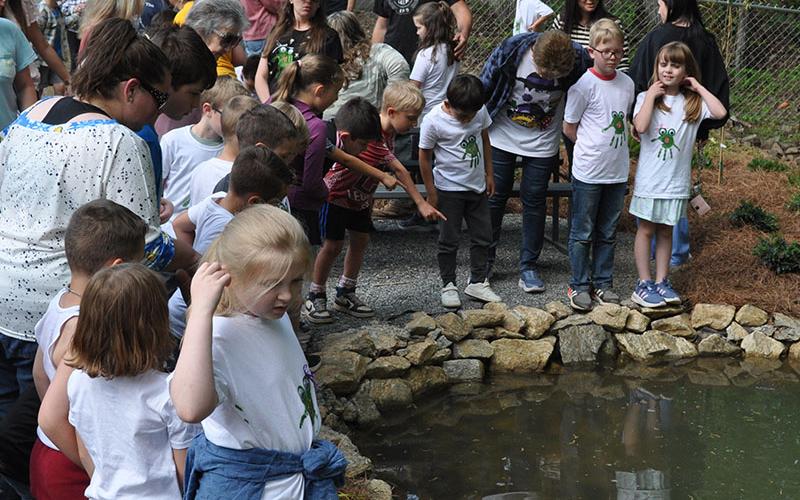 The kids of West Fannin gathered around the Frog Bog pond to look for the frogs.